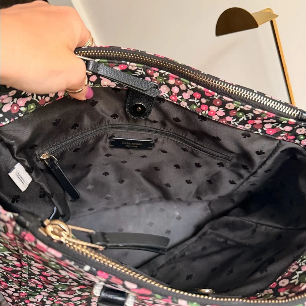 kate spade Black Floral Tote with Pink and White Blossoms and Green Leaves - Picture 7 of 14